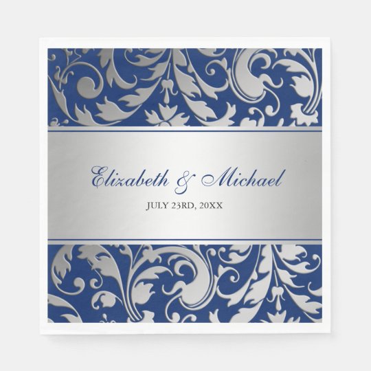 Navy Blue Silver Damask Swirls Wedding Paper Napkin