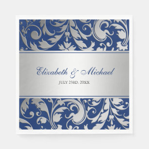 Navy Blue Silver Damask Swirls Wedding Paper Napkins