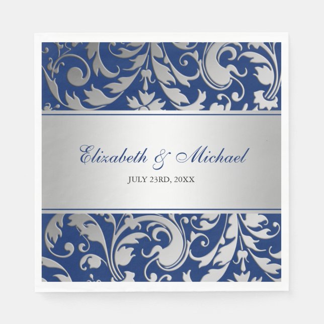 Navy Blue Silver Damask Swirls Wedding Paper Napkins (Front)