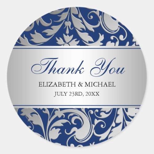 Navy Blue Silver Damask Swirls Wedding Thank You Classic Round Sticker