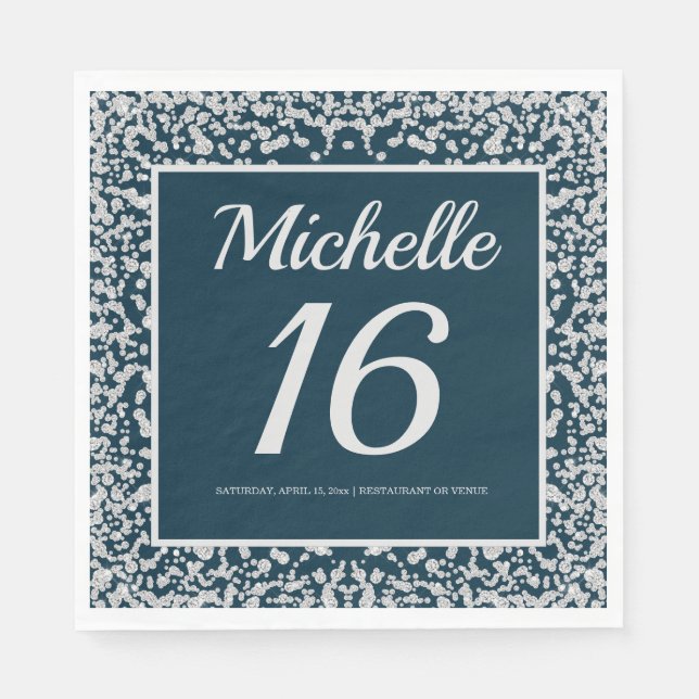 Navy Blue Silver Diamond Glitter 16th Birthday Napkins (Front)
