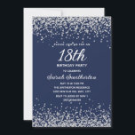 Navy Blue Silver Diamond Glitter 18th Birthday Invitation<br><div class="desc">Make their milestone unforgettable with this elegant 18th birthday party invitation featuring sparkling faux silver glitter confetti on a deep navy blue background. The modern typography highlights the milestone age, while the script name adds a touch of sophistication. Perfect for teens stepping into adulthood, this stylish design sets the tone...</div>