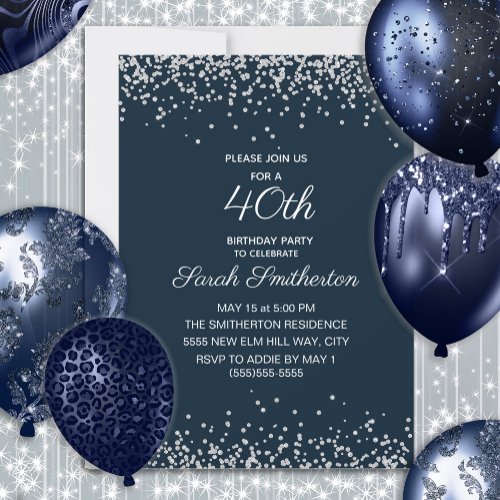 Navy Blue Silver Diamond Glitter 40th Birthday Invitation