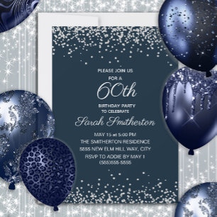 Navy Blue Silver Diamond Glitter 60th Birthday Invitation