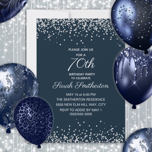 Navy Blue Silver Diamond Glitter 70th Birthday Invitation