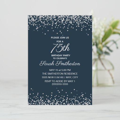 Navy Blue Silver Diamond Glitter 75th Birthday Invitation | Zazzle