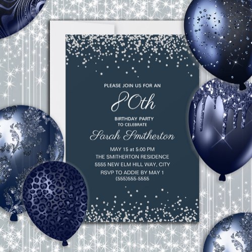 Navy Blue Silver Diamond Glitter 80th Birthday Invitation