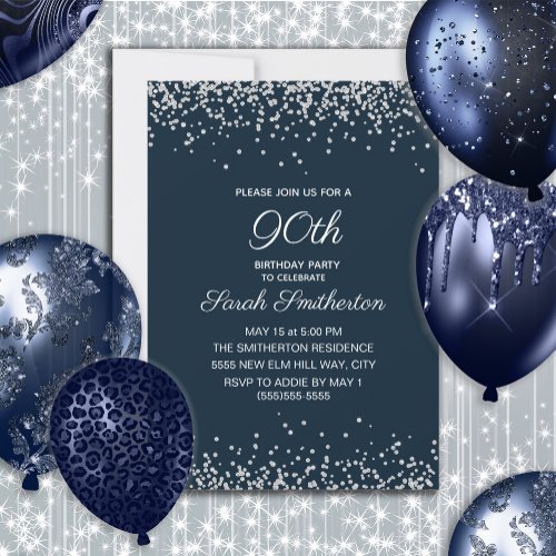 Navy Blue Silver Diamond Glitter 90th Birthday Invitation
