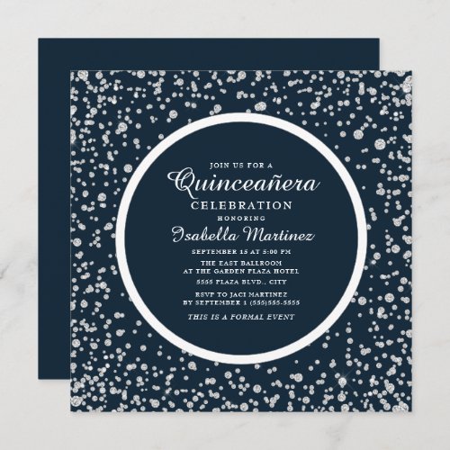 Navy Blue Silver Diamond Glitter Quinceaera Invitation