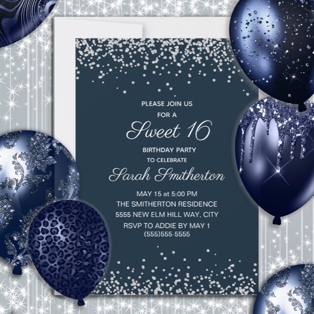 Navy Blue Silver Diamond Glitter Sweet 16 Invitation (Navy blue silver glitter Sweet 16 birthday party invitation)