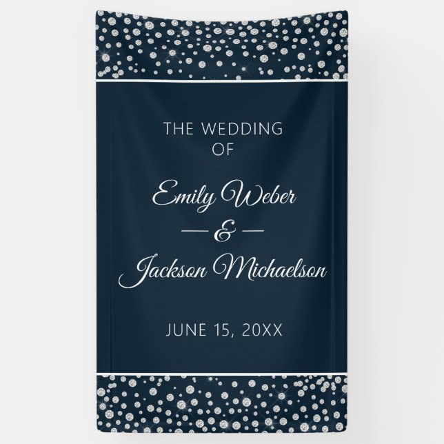 Navy Blue Silver Diamond Glitter Wedding Banner (Vertical)