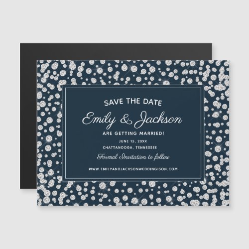 Navy Blue Silver Diamond Glitter Wedding Save Date