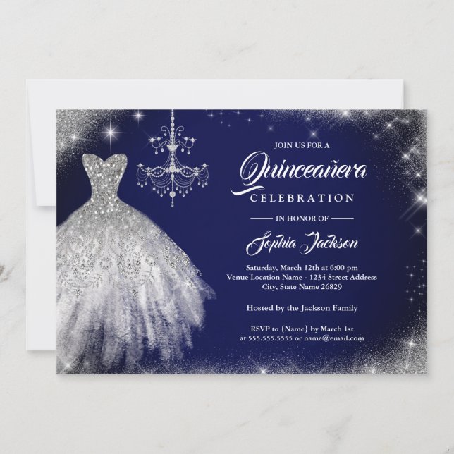 Navy Blue Silver Diamond Lace Gown Quinceanera  Invitation (Front)
