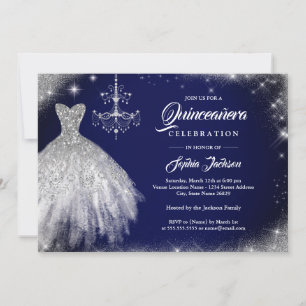Navy Blue Silver Diamond Lace Gown Quinceanera Invitation