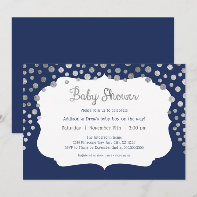 Navy Blue silver dots boy baby shower invitations (Front/Back)