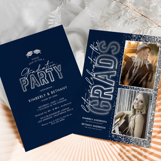 Navy Blue Silver Double Graduation Party Invitation (Creator Uploaded)