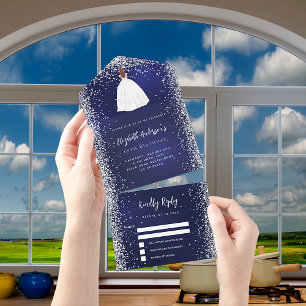 Navy blue silver dress glitter birthday rsvp all in one invitation