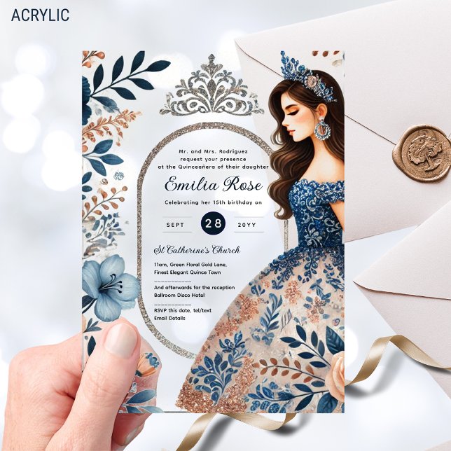 NAVY BLUE Silver Dress Quinceañera Floral Quince Acrylic Invitations (Creator Uploaded)