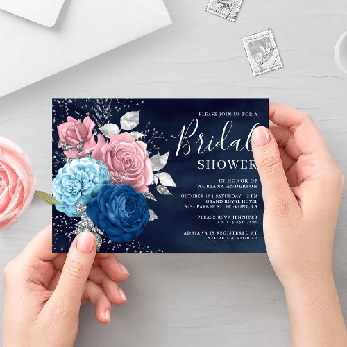 Navy Blue Silver Dusty Pink Floral Bridal Shower Invitation