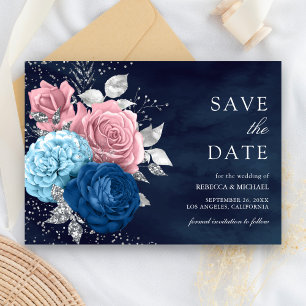 Navy Blue Silver Dusty Pink Floral Wedding Save The Date