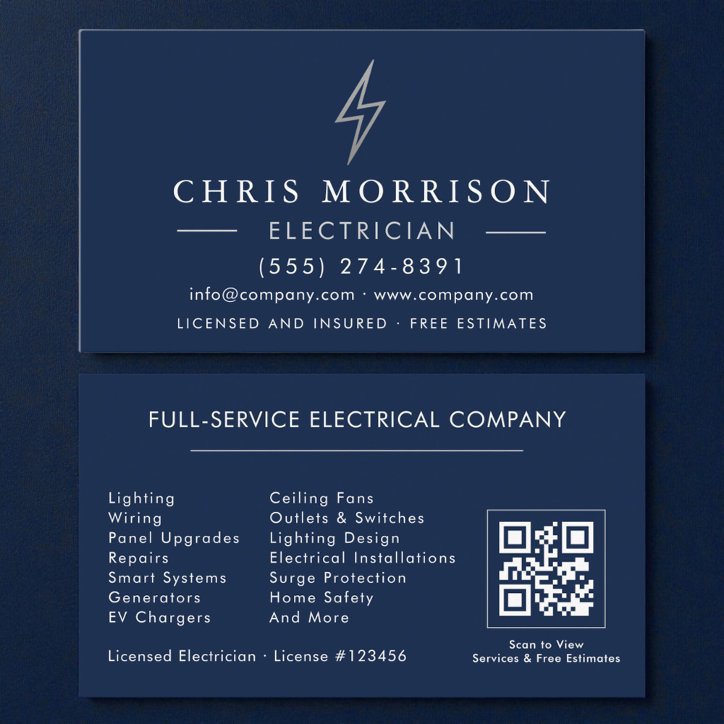 Navy Blue Silver Electrician QR Code Business Card