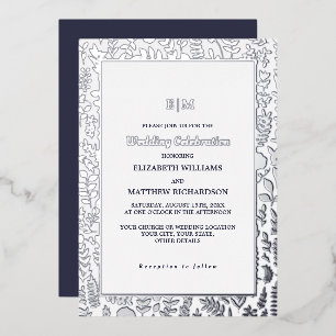 Navy Blue Silver Elegant Luxury Wedding Foil Invitation