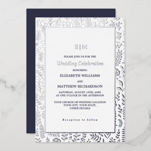 Navy Blue  Silver Elegant Luxury Wedding  Foil Invitation