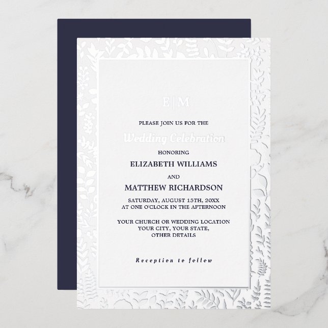 Navy Blue | Silver Elegant Luxury Wedding  Foil Invitation (Front/Back)