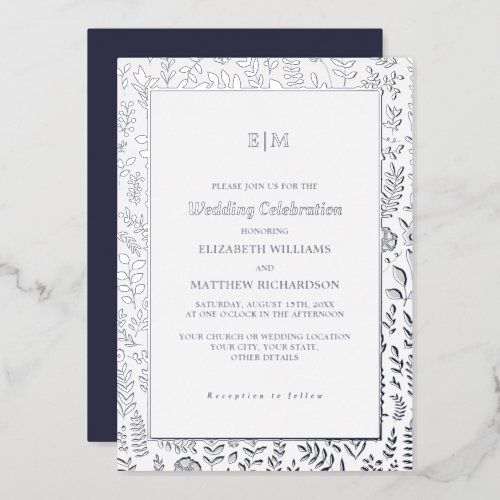 Navy Blue  Silver Elegant Luxury Wedding Real Foil Invitation
