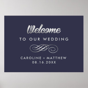 Navy Blue Silver Elegant Wedding Welcome Sign