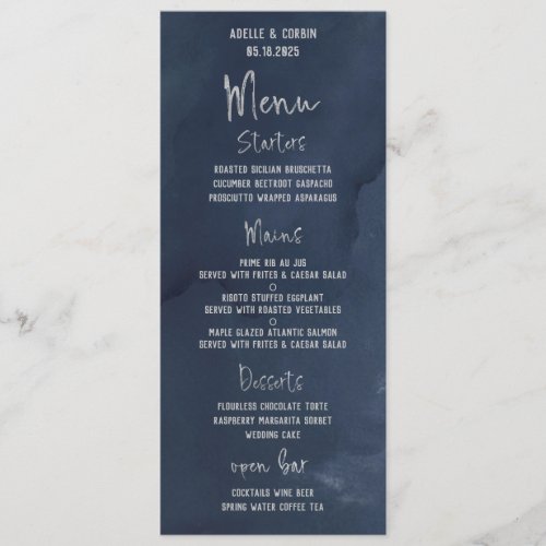 Navy Blue Silver Fancy Calligraphy Script Wedding Menu