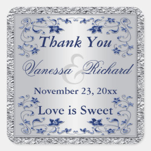 Navy Blue Silver FAUX Foil Wedding Favor Sticker
