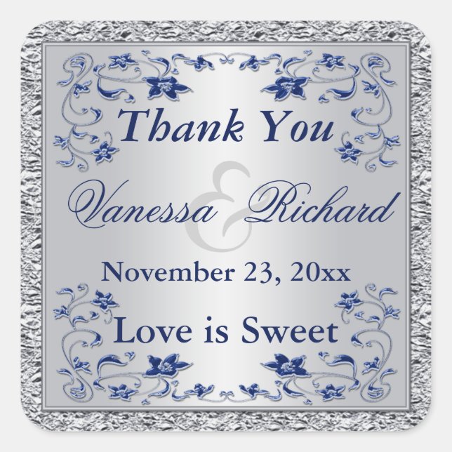 Navy Blue Silver FAUX Foil Wedding Favor Sticker (Front)