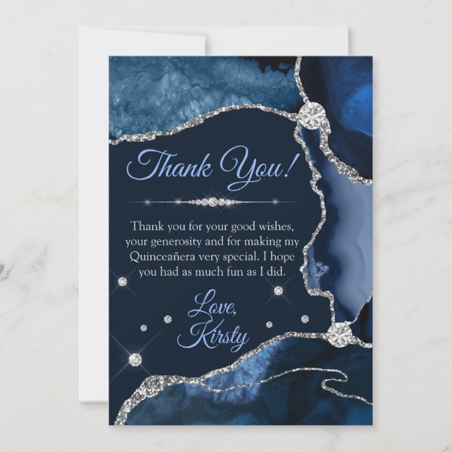 Navy Blue & Silver Faux Glitter Agate Quinceañera Thank You Card (Front)
