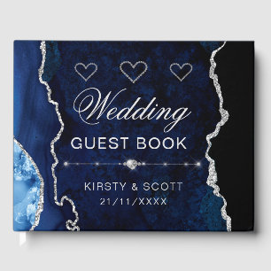 Navy Blue & Silver Faux Glitter Agate Wedding Guest Book
