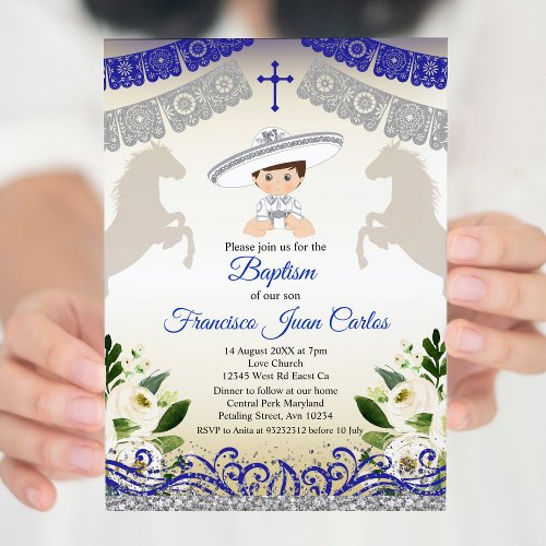 Navy Blue Silver Fiesta Boy Baptism Christening Invitation