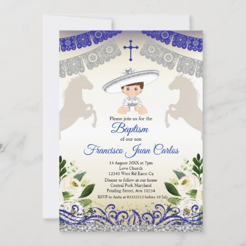 Navy Blue Silver Fiesta Boy Baptism Christening Invitation