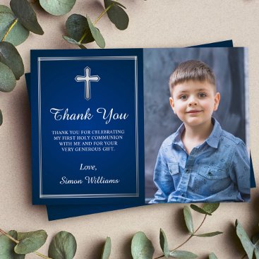 Navy Blue Silver First Communion Thank You Card