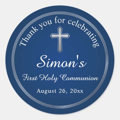 Navy Blue Silver First Holy Communion Classic Round Sticker