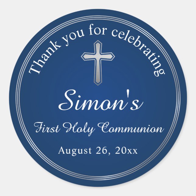 Navy Blue Silver First Holy Communion Classic Round Sticker (Front)