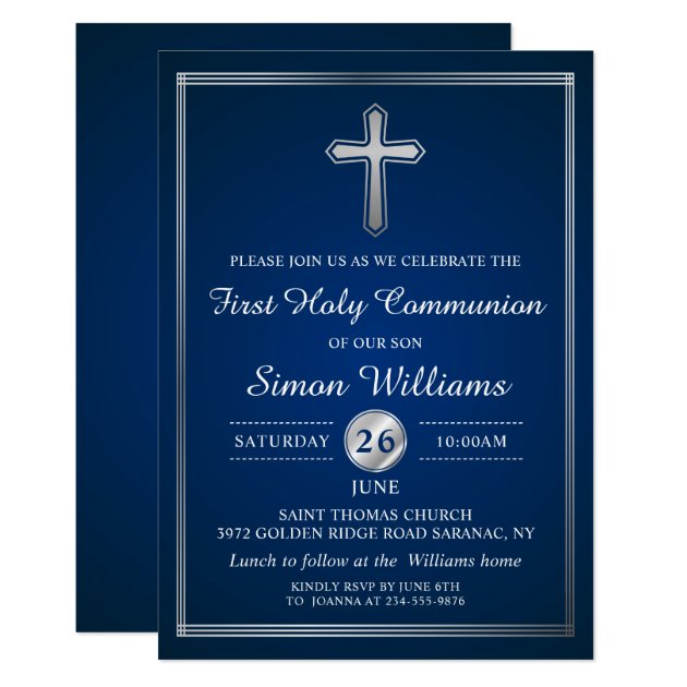 Navy Blue Silver First Holy Communion Invitation