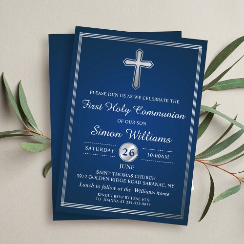 Navy Blue Silver First Holy Communion Invitation