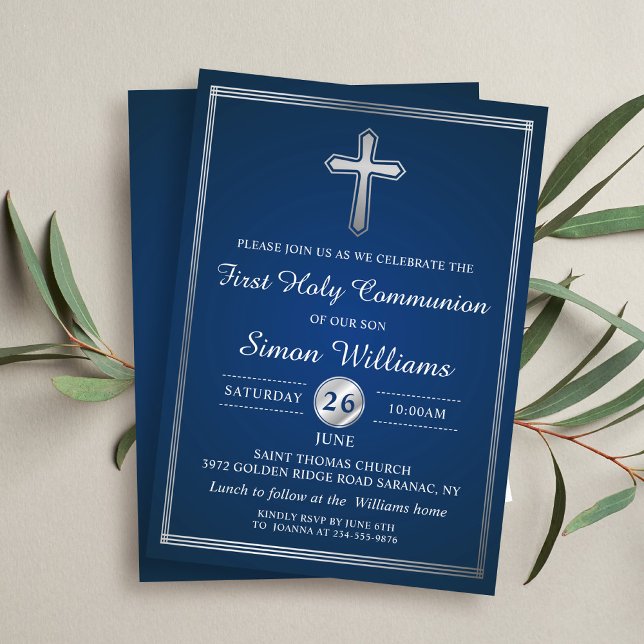 Navy Blue Silver First Holy Communion Invitation (Creator Uploaded)