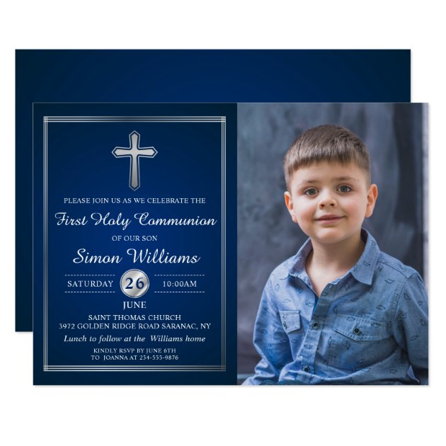 Navy Blue Silver First Holy Communion Photo Card