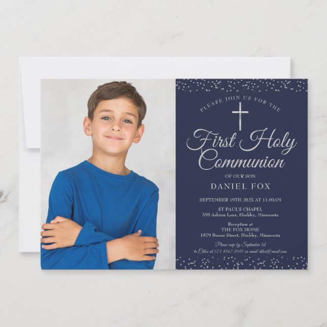 Navy Blue Silver First Holy Communion Photo Invitation (Front)