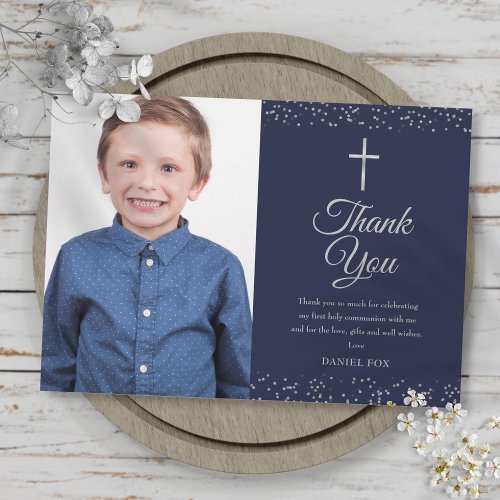Navy Blue Silver First Holy Communion Photo Thank You Card
