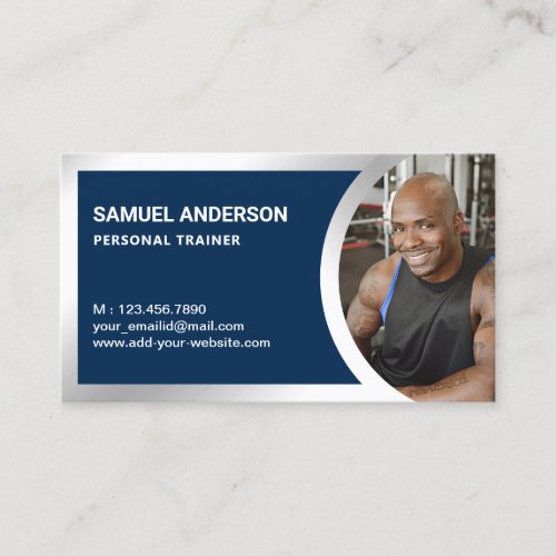 Navy Blue Silver Fitness Personal Trainer Photo Business Card