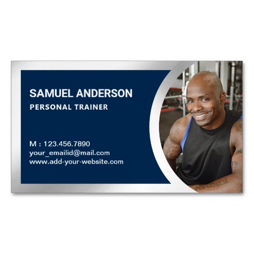 Navy Blue Silver Fitness Personal Trainer Photo Business Card Magnet