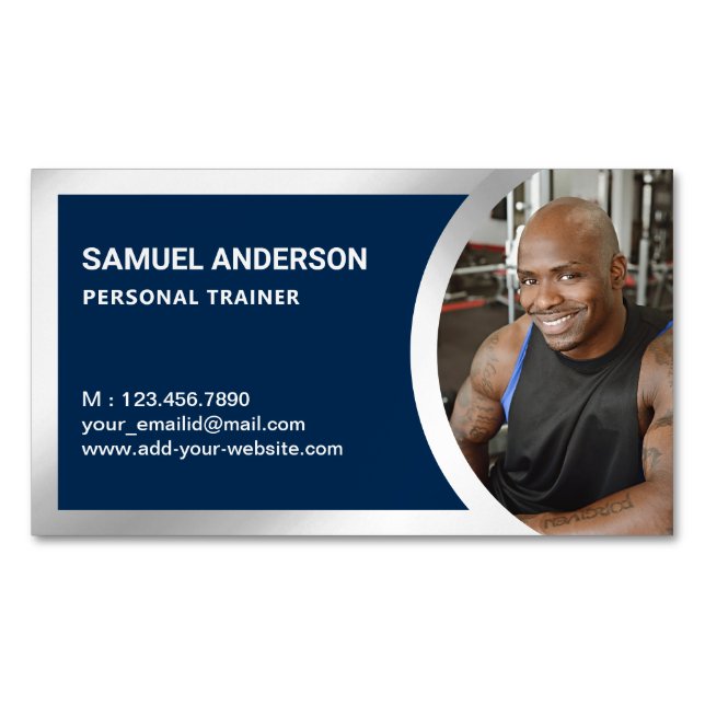 Navy Blue Silver Fitness Personal Trainer Photo Business Card Magnet (Front)