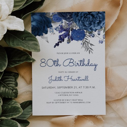 Navy Blue Silver Floral 80th Birthday Party Invitation